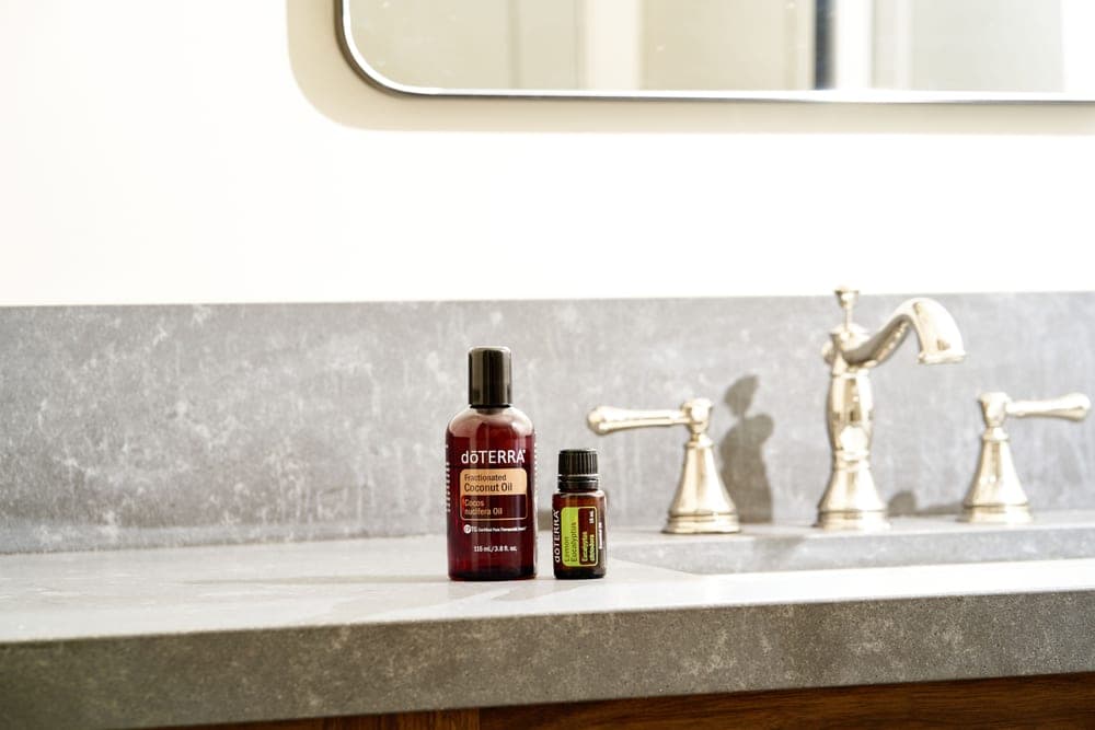 Small bottle of eye drops on a clean bathroom counter