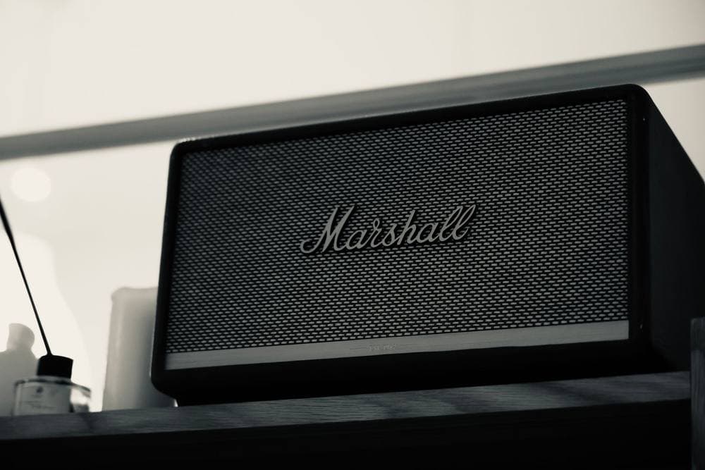 Bluetooth speaker standing on a wooden shelf